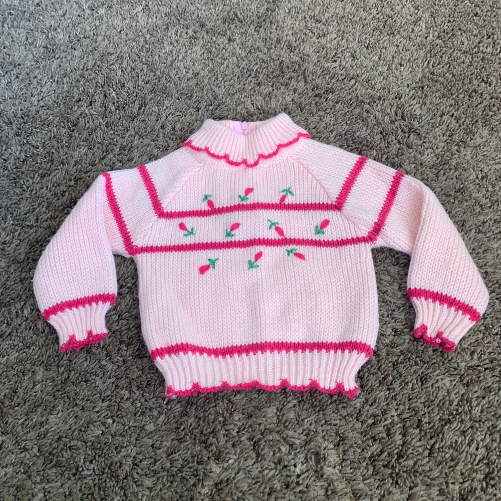 Vintage 80-90s Baby Girl Pink Floral Knit Sweater 12m Scalloped Turtleneck